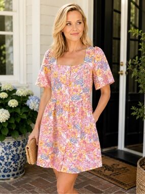 Draper James 100% Linen Floral Mini Dress Pink Yellow Button Front Size 4